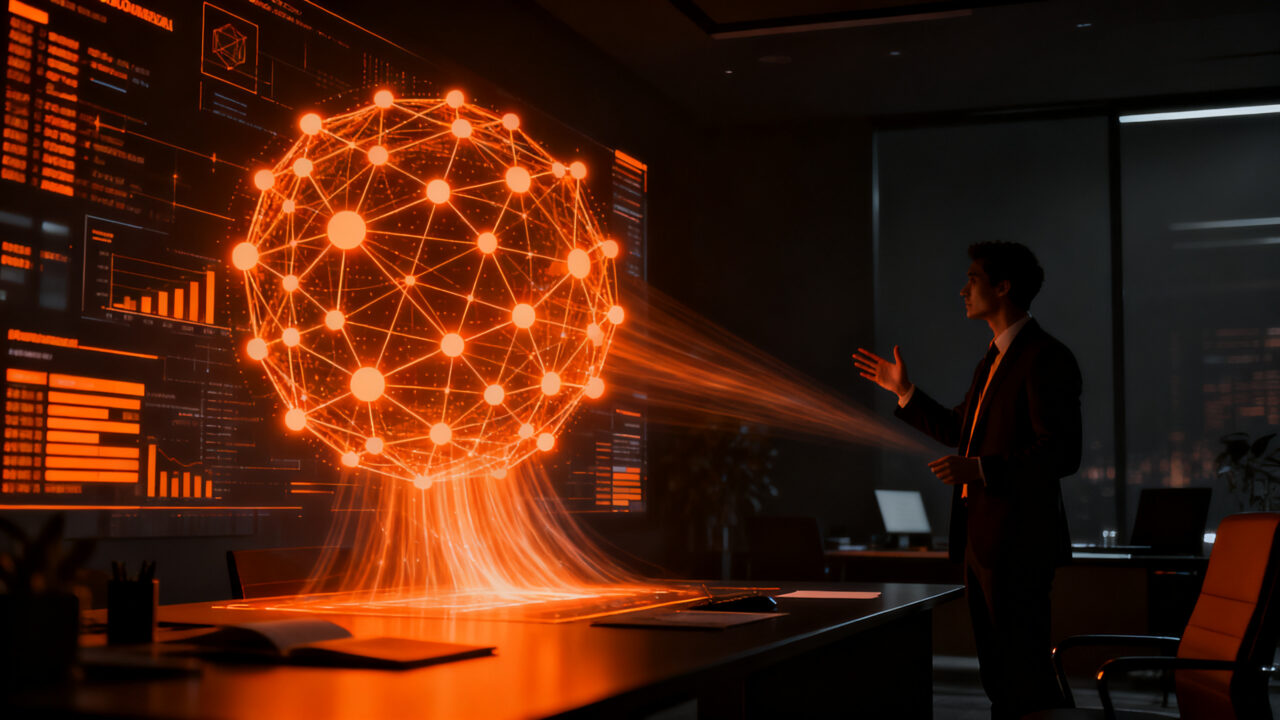 Profesional de negocios interactuando con una interfaz de inteligencia artificial, representando la capacitación en IA de Oracle en Chile.