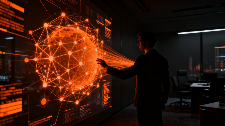 Emprendedor interactuando con una interfaz de red neuronal que simboliza las becas de IA de Santander y Google para pymes.