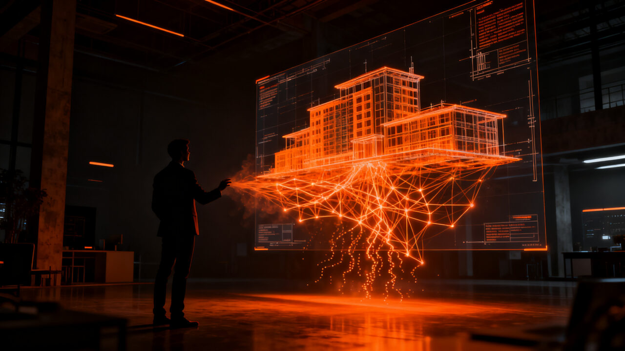 Ingeniero de software trabajando en planos de construcción con IA, representando la oportunidad de Founding Engineer en Bild AI.