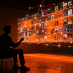 Usuario navegando en una interfaz de videoclub 3D inmersiva para plataformas de streaming, tecnología de visualización web avanzada.