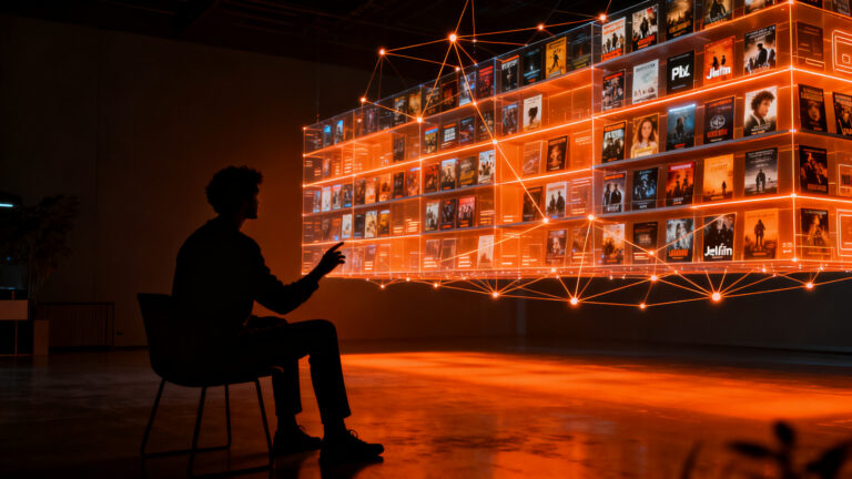 Usuario navegando en una interfaz de videoclub 3D inmersiva para plataformas de streaming, tecnología de visualización web avanzada.