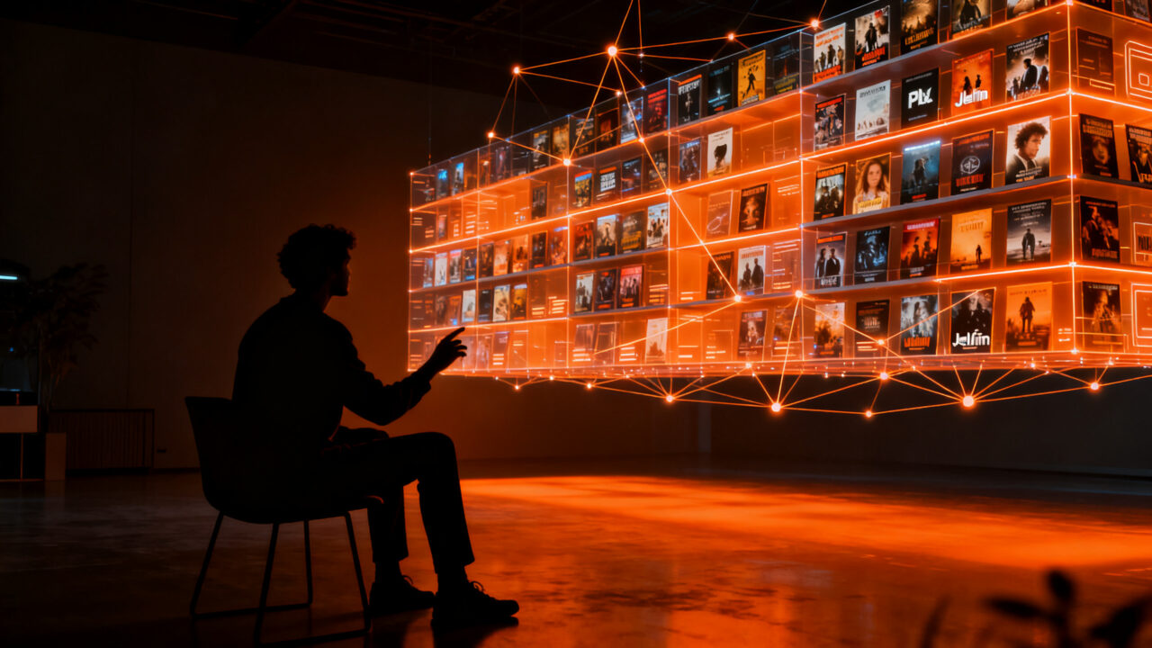 Usuario navegando en una interfaz de videoclub 3D inmersiva para plataformas de streaming, tecnología de visualización web avanzada.
