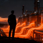 Silueta de profesional frente a una planta industrial de biocombustibles en México, simbolizando la nueva regulación de SENER.
