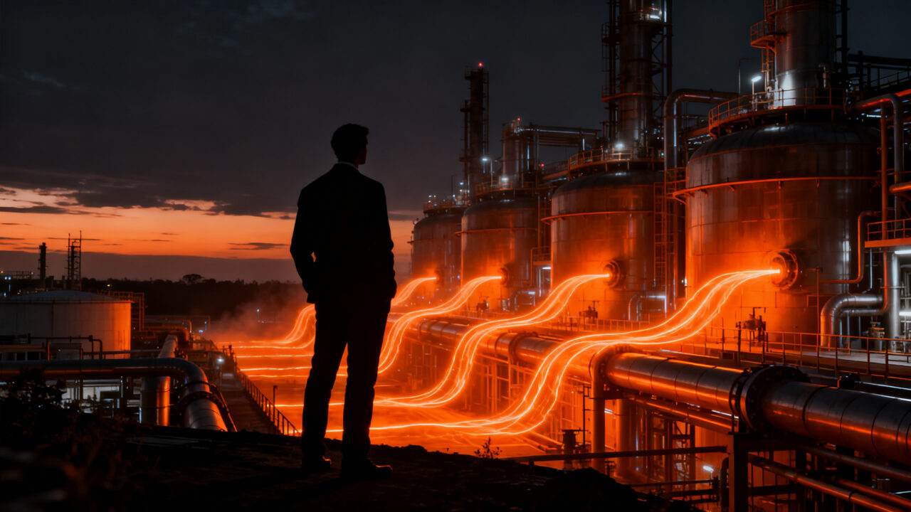 Silueta de profesional frente a una planta industrial de biocombustibles en México, simbolizando la nueva regulación de SENER.