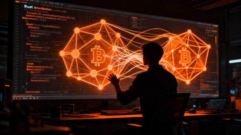 Desarrollador trabajando en un nodo de Bitcoin usando herramientas de IA, concepto de software en Rust y tecnología blockchain.