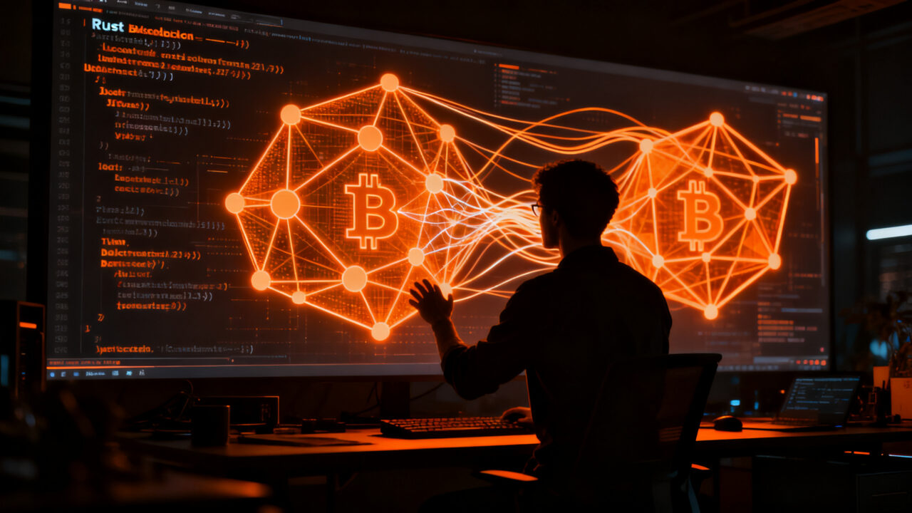 Desarrollador trabajando en un nodo de Bitcoin usando herramientas de IA, concepto de software en Rust y tecnología blockchain.
