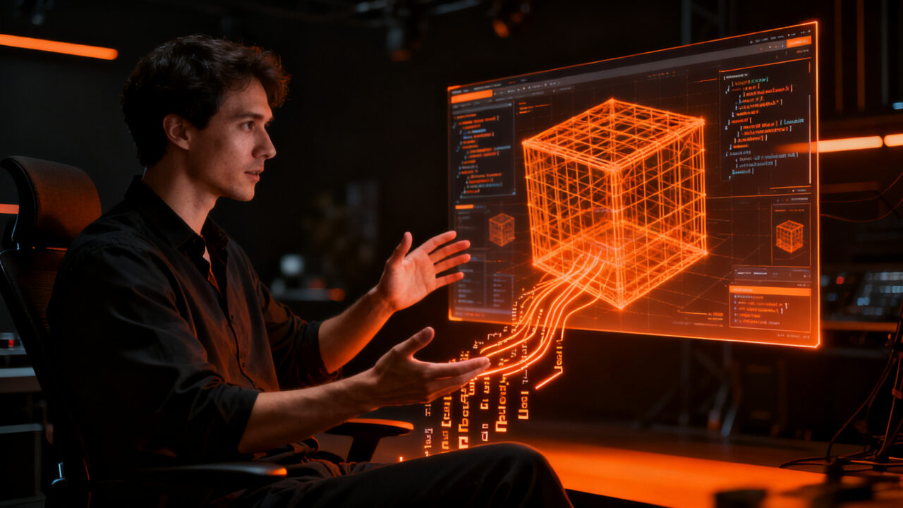 Un desarrollador utilizando IA para automatizar el renderizado 3D en Blender mediante código, simbolizando la nueva era de la automatización creativa.