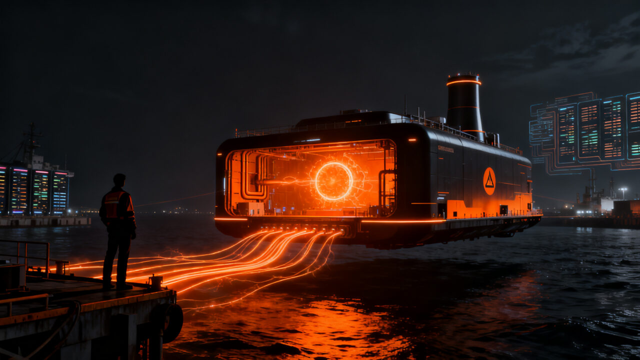 Reactor nuclear flotante de Bluecore Energy en el mar, representando la inversión en tecnología deep tech para centros de datos de IA.