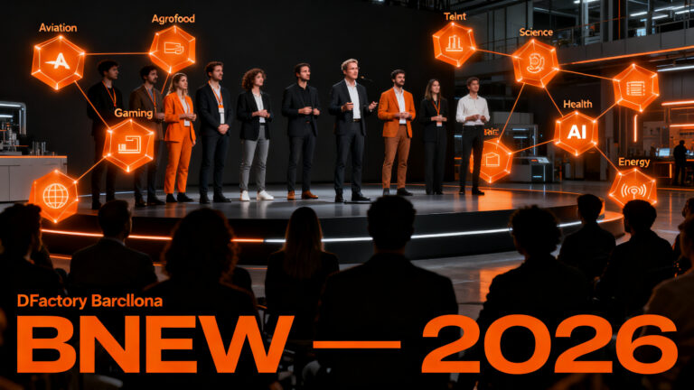 Emprendedores presentando sus proyectos innovadores en el evento BNEW 2026 en Barcelona, destacando la convocatoria de startups tecnológicas.