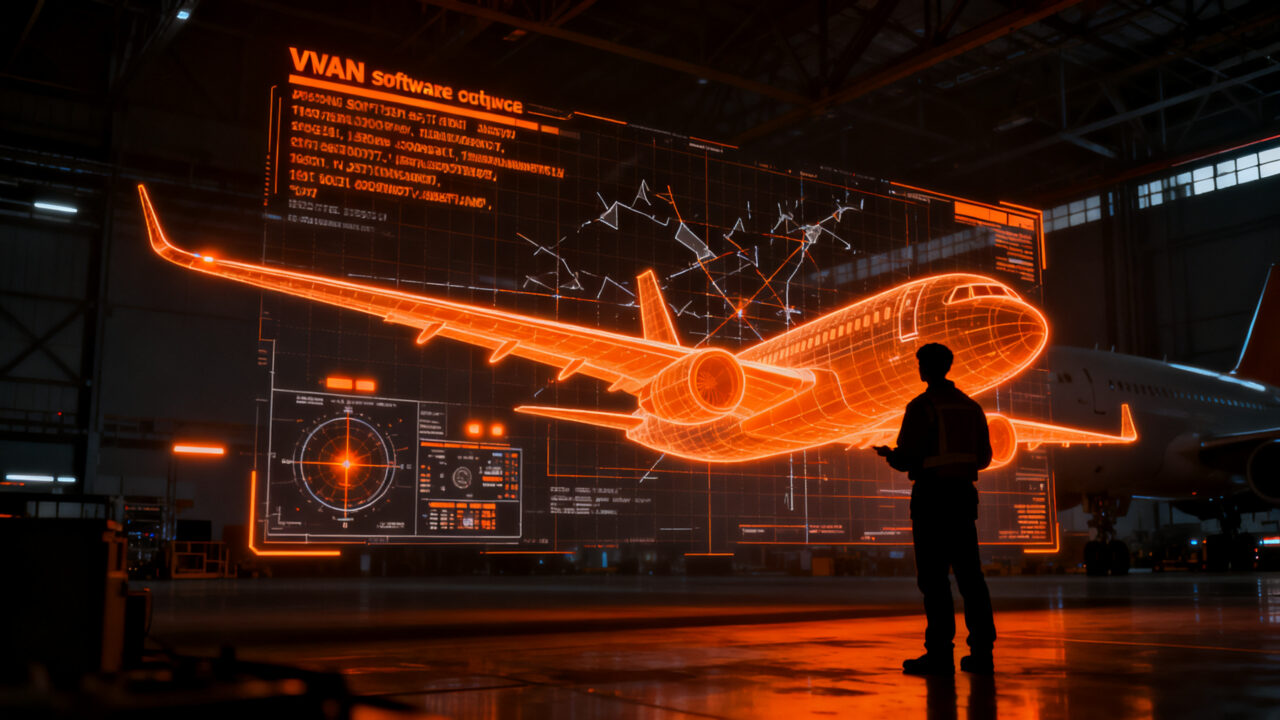 Ingeniero aeronáutico analizando un complejo panel de control de vuelo con fallos de software en un Boeing 737 MAX 10, representando la crisis de certificación de la FAA.