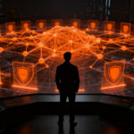 Analista financiero frente a una red de ciberseguridad protegiendo activos digitales frente a la inteligencia artificial.