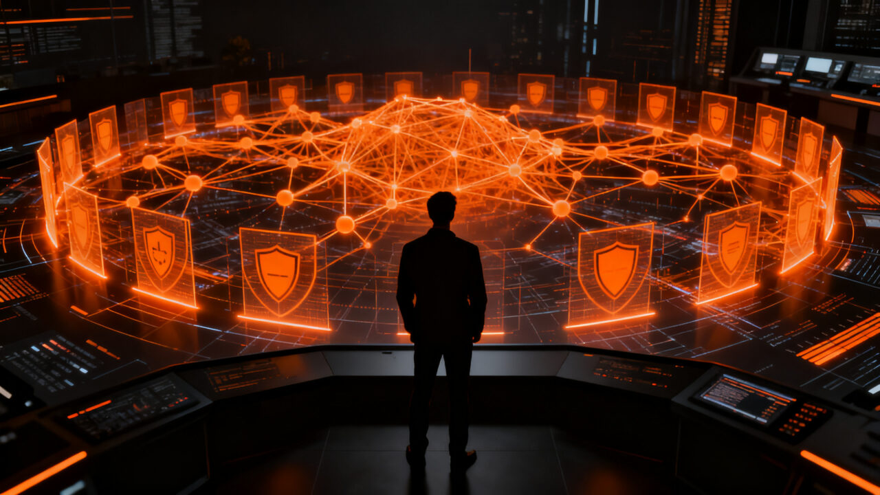 Analista financiero frente a una red de ciberseguridad protegiendo activos digitales frente a la inteligencia artificial.