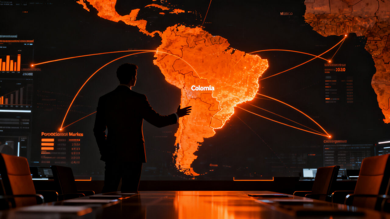 Estratega financiero analizando gráficos de mercado y flujos de inversión en América Latina, representando la rotación de cartera de Bank of America.