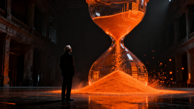 Representación visual del envejecimiento poblacional y la silver economy, con una silueta humana ante un reloj de arena digital.