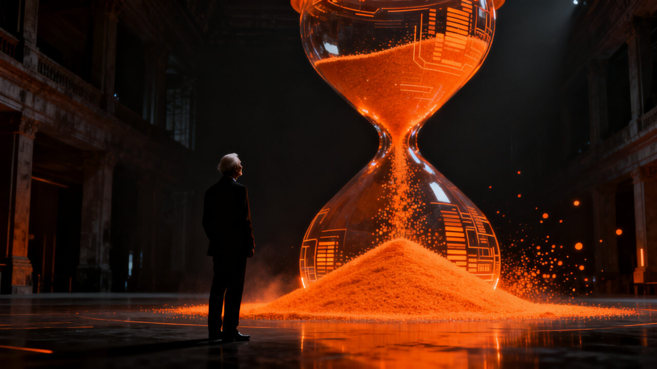 Representación visual del envejecimiento poblacional y la silver economy, con una silueta humana ante un reloj de arena digital.
