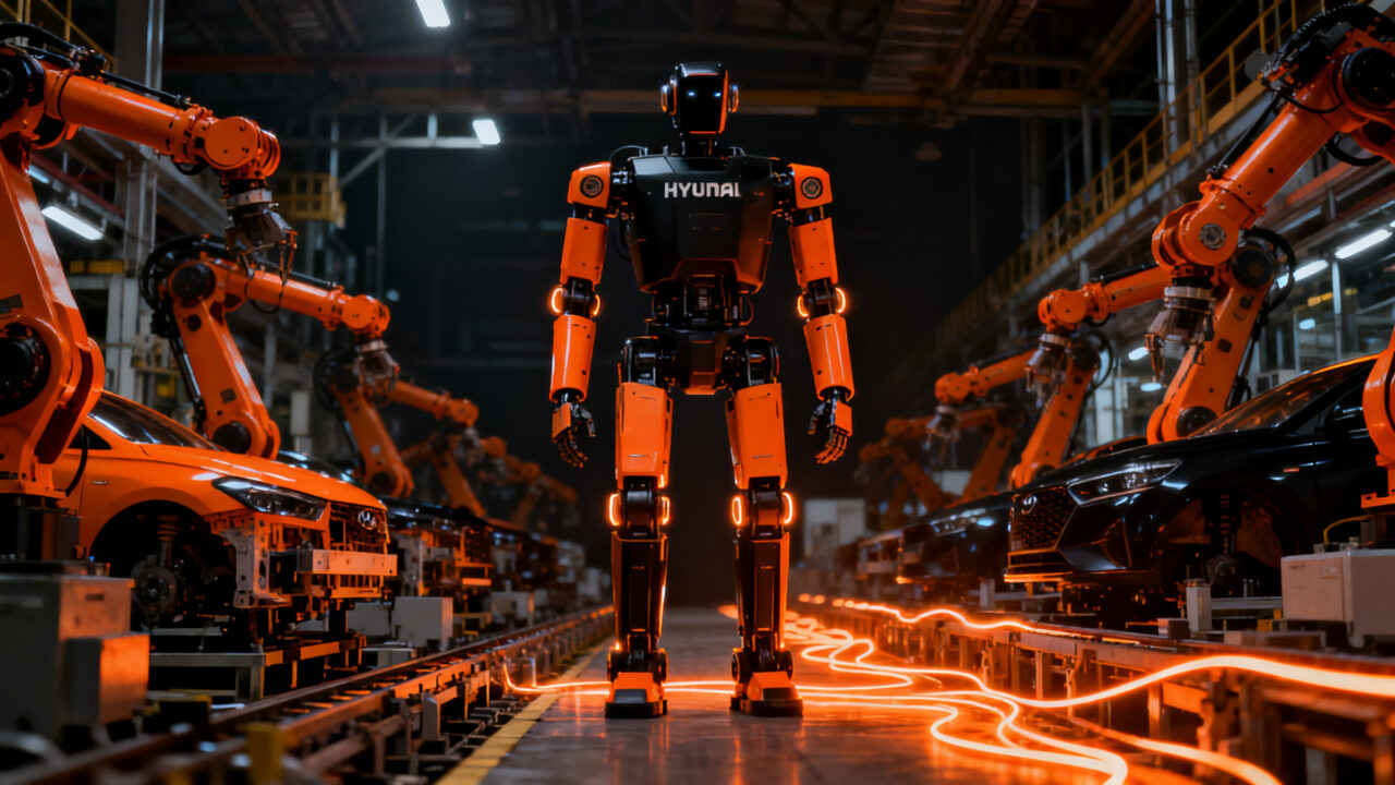 Robot humanoide Atlas de Boston Dynamics trabajando en una planta industrial inteligente de Hyundai, representando la automatización del futuro.