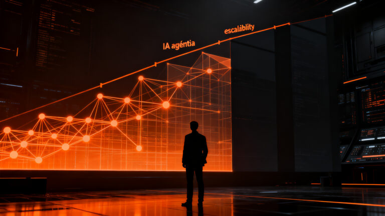 Brecha de escalabilidad en IA empresarial: emprendedores y líderes analizando datos frente a un horizonte tecnológico naranja.