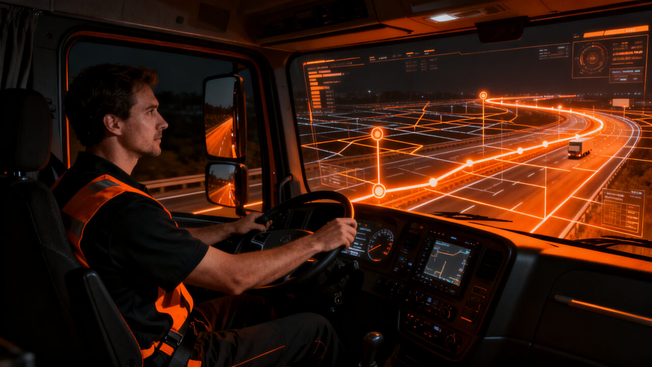 Interfaz de GPS especializado para camiones y gestión de flotas, representando la innovación logística de la startup gallega Breiko Breiko.
