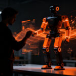 Robot humanoide Zeroth Bridge de código abierto interactuando con un desarrollador en un entorno tecnológico de IA física.