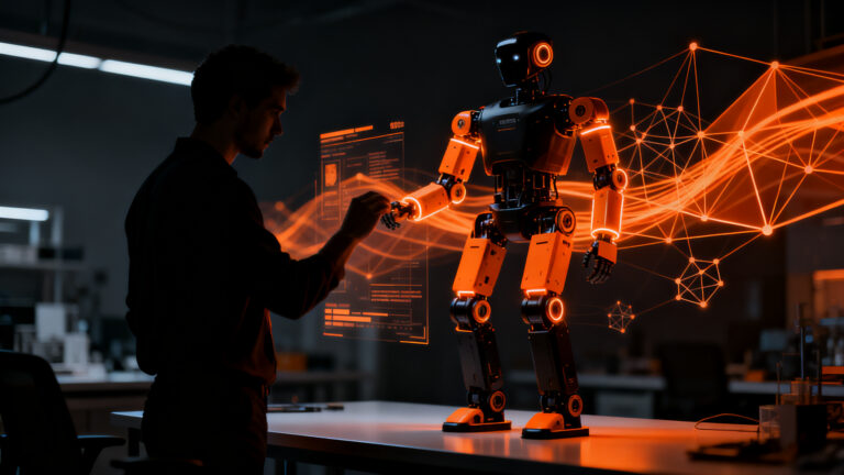 Robot humanoide Zeroth Bridge de código abierto interactuando con un desarrollador en un entorno tecnológico de IA física.