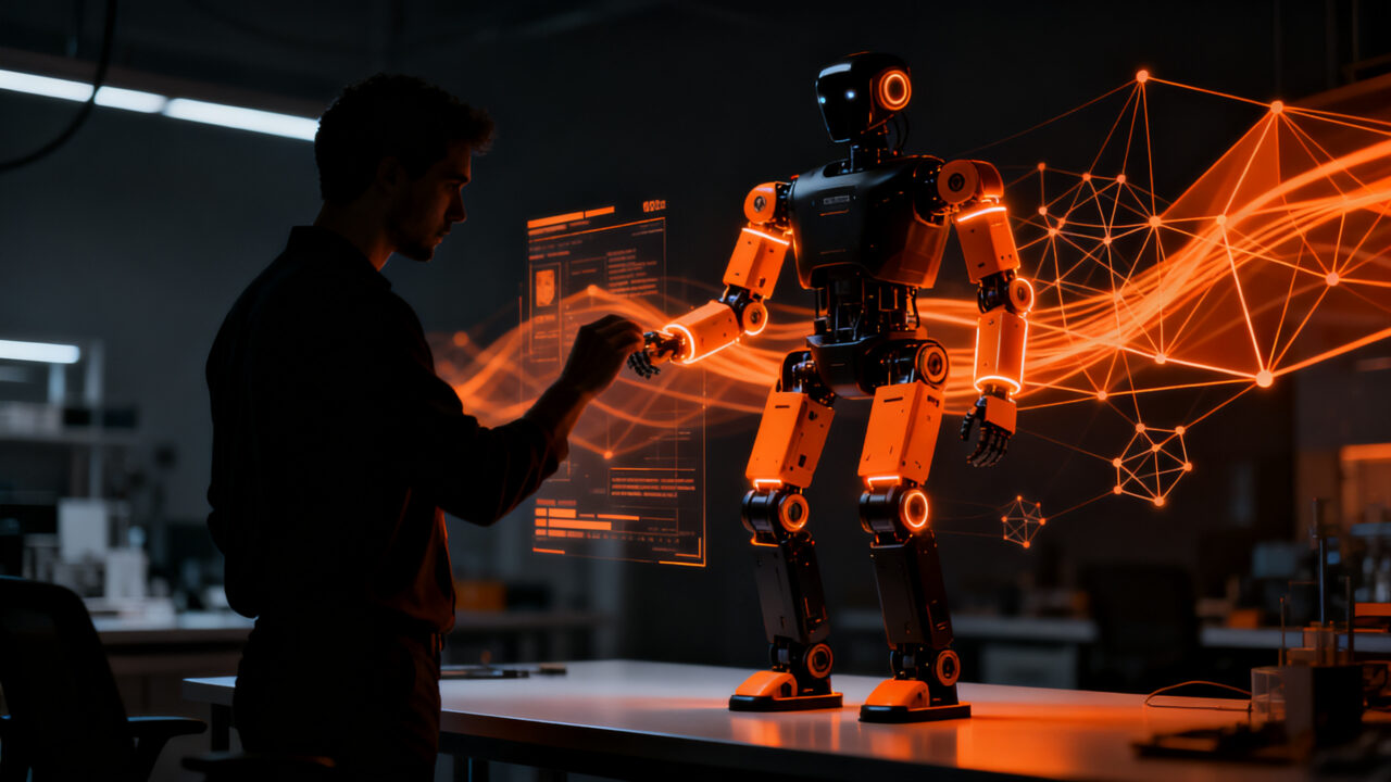 Robot humanoide Zeroth Bridge de código abierto interactuando con un desarrollador en un entorno tecnológico de IA física.