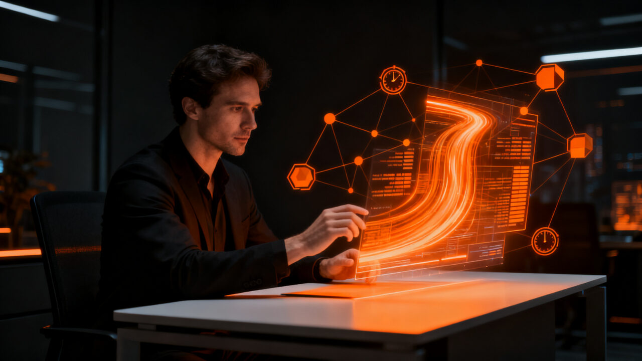 Emprendedor optimizando su tiempo mediante agentes de IA de Brita Inteligencia Artificial, mejorando la eficiencia operativa en startups.