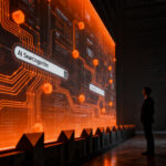 Representación de la regulación de la IA y el control de editores frente a los buscadores, con la Comisión Europea analizando el impacto de Google AI Search.