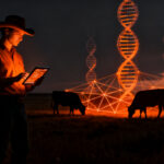 Emprendedor agropecuario analizando datos genéticos de ganado en el campo, representando la innovación agtech de Bulltrack.