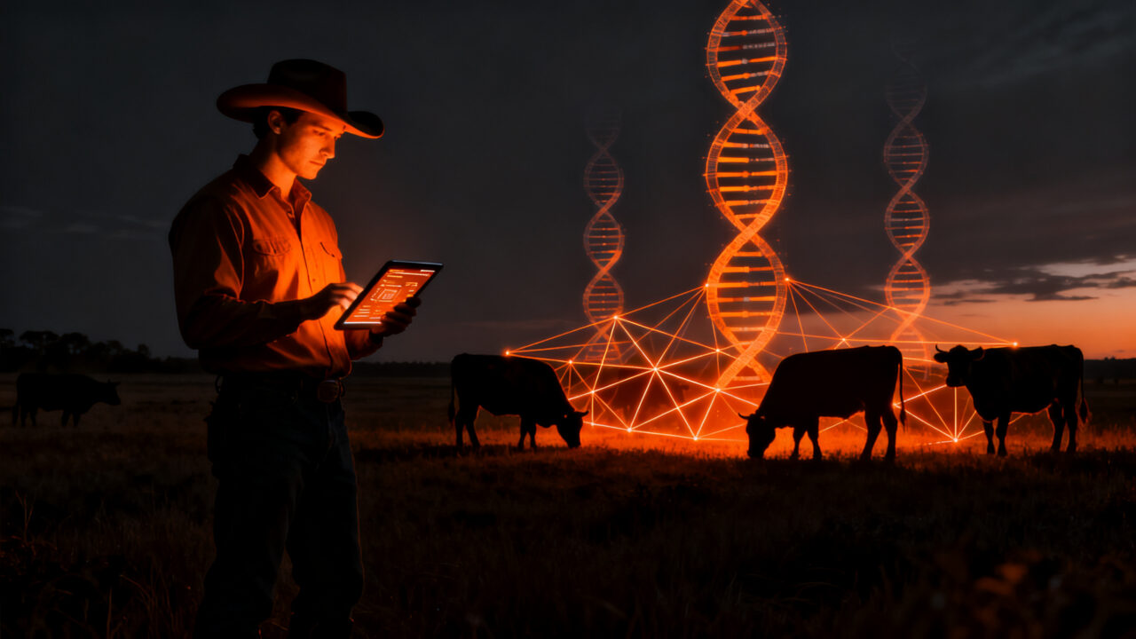 Emprendedor agropecuario analizando datos genéticos de ganado en el campo, representando la innovación agtech de Bulltrack.