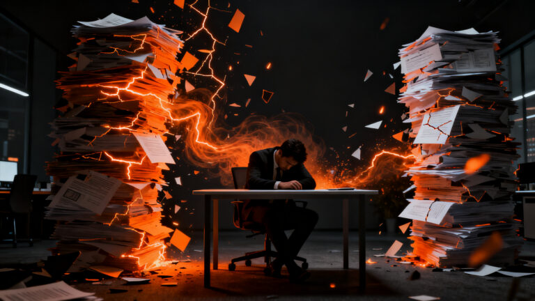 Profesional con burnout en entorno corporativo, representando el agotamiento laboral y la salud mental en startups.