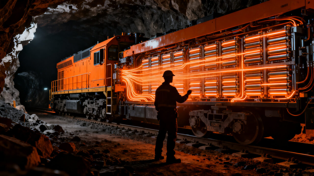 Locomotora minera electrificada con tecnología de baterías Blade de BYD, representando la diversificación industrial y la innovación en energía LFP.