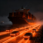 Flota masiva de barcos portavehículos de BYD representando la expansión logística y exportación global de coches eléctricos.
