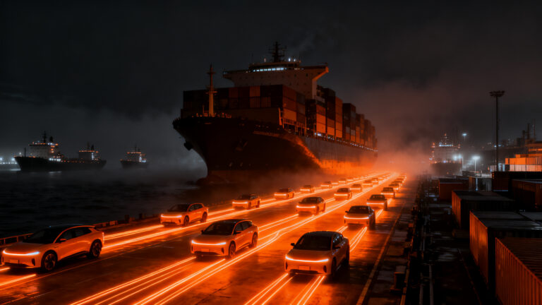 Flota masiva de barcos portavehículos de BYD representando la expansión logística y exportación global de coches eléctricos.