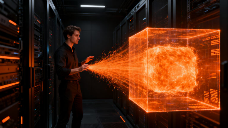 Ingeniero de software optimizando una infraestructura de datos masiva con la tecnología de compresión bzip3, representando eficiencia en backups.