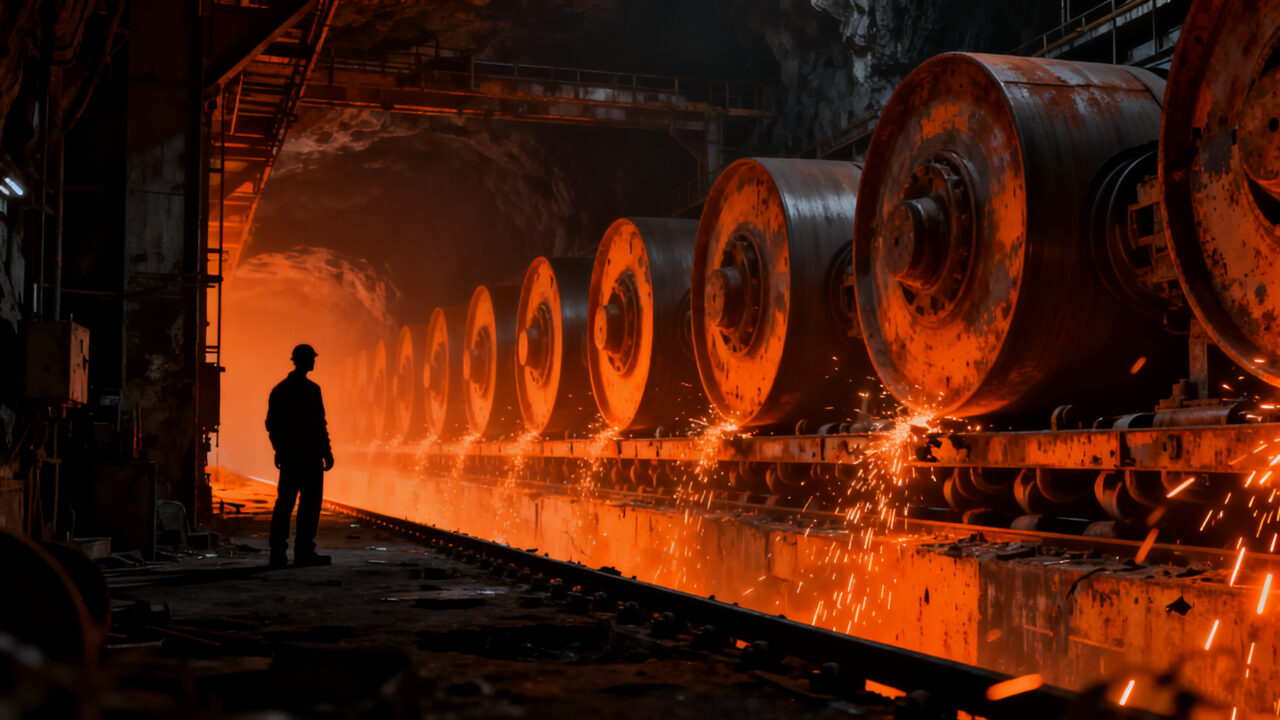 Caída de la producción industrial en Argentina, representando la crisis sectorial y el declive económico en sectores clave.