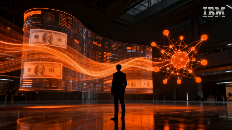 Representación visual de inteligencia artificial aplicada a la banca, mostrando automatización financiera y seguridad con tecnología de IBM watsonx.