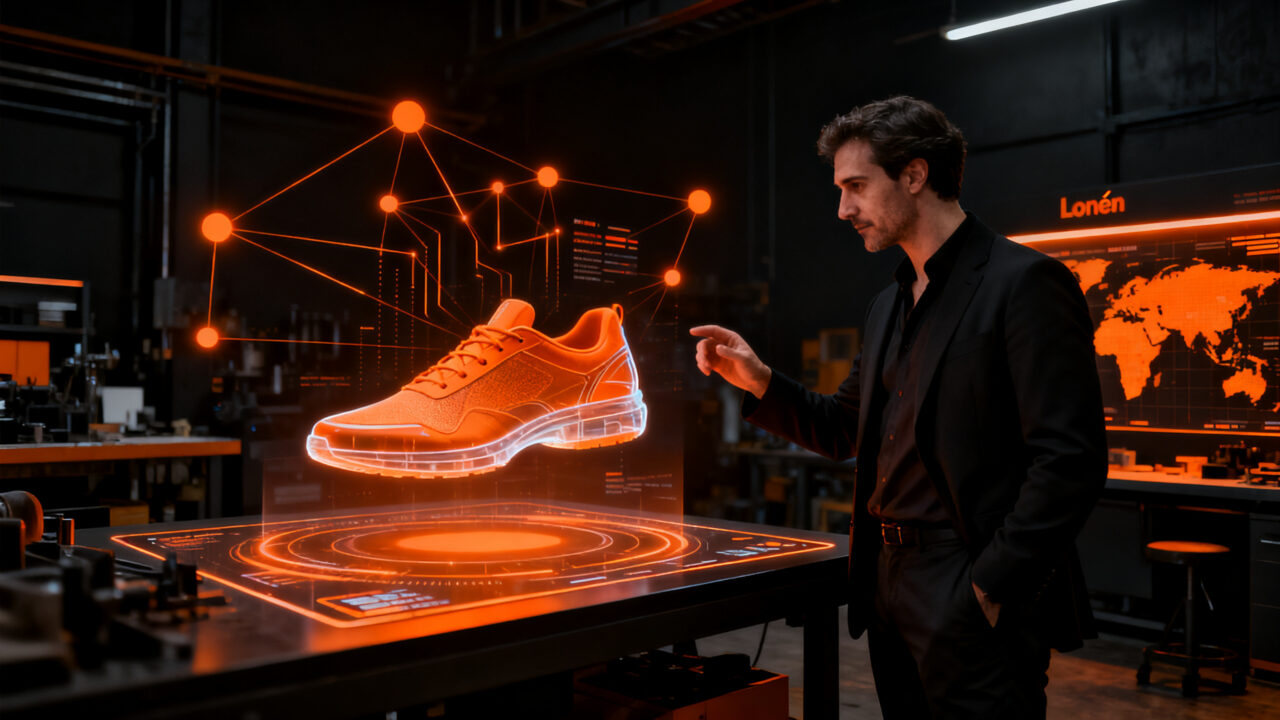 Empresario del sector calzado en León analizando datos de crecimiento con inteligencia artificial para e-commerce.