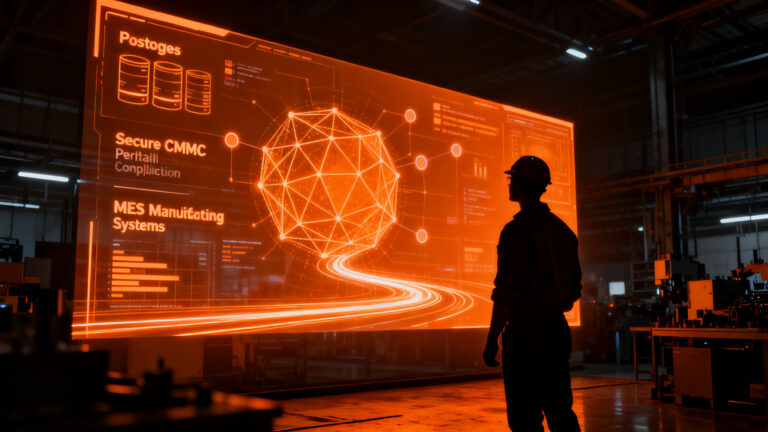 Ingeniero industrial operando software de gestión de fabricación ERP open source en entorno seguro, representando Carbon ERP y cumplimiento CMMC.