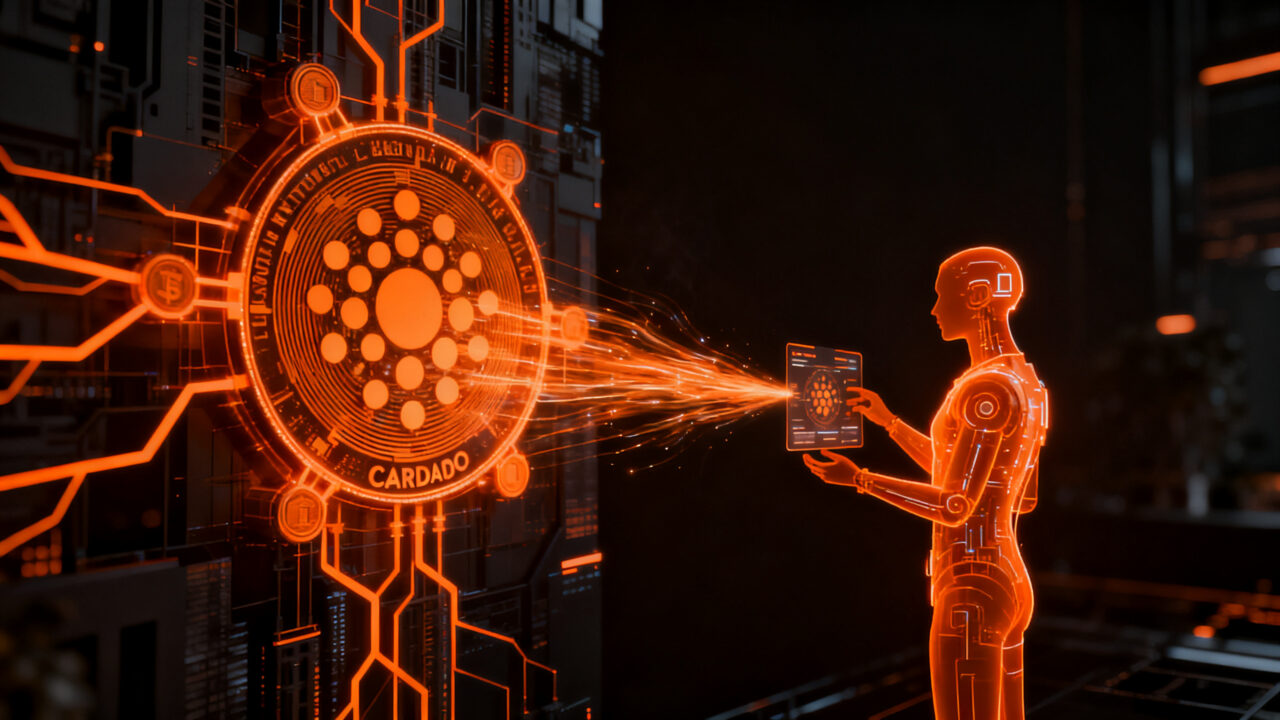 Agente de IA realizando pagos autónomos en la red Cardano, representando la integración de x402 y micropagos para tecnología machine-to-machine.