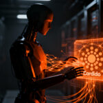Agente de IA interactuando con red blockchain Cardano y pagos ADA, representando el estándar x402 y machine-to-machine payments.