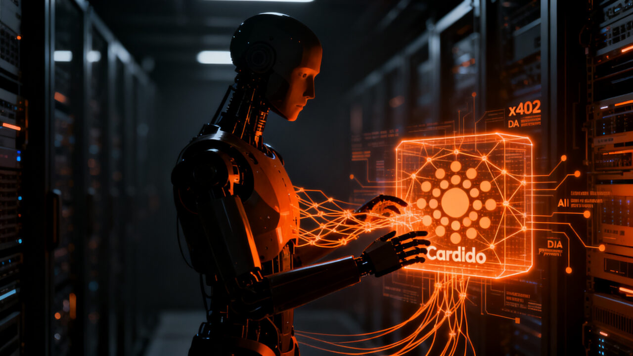 Agente de IA interactuando con red blockchain Cardano y pagos ADA, representando el estándar x402 y machine-to-machine payments.