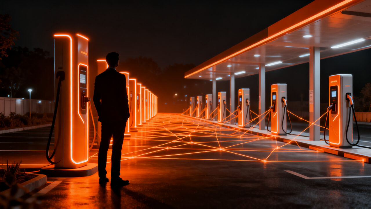 Infraestructura de carga para vehículos eléctricos, representando la creciente demanda de movilidad eléctrica frente a la brecha de oferta en el mercado.