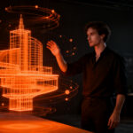Diseñador utilizando inteligencia artificial para generar modelos 3D complejos a partir de prompts, revolucionando el diseño industrial y la arquitectura.