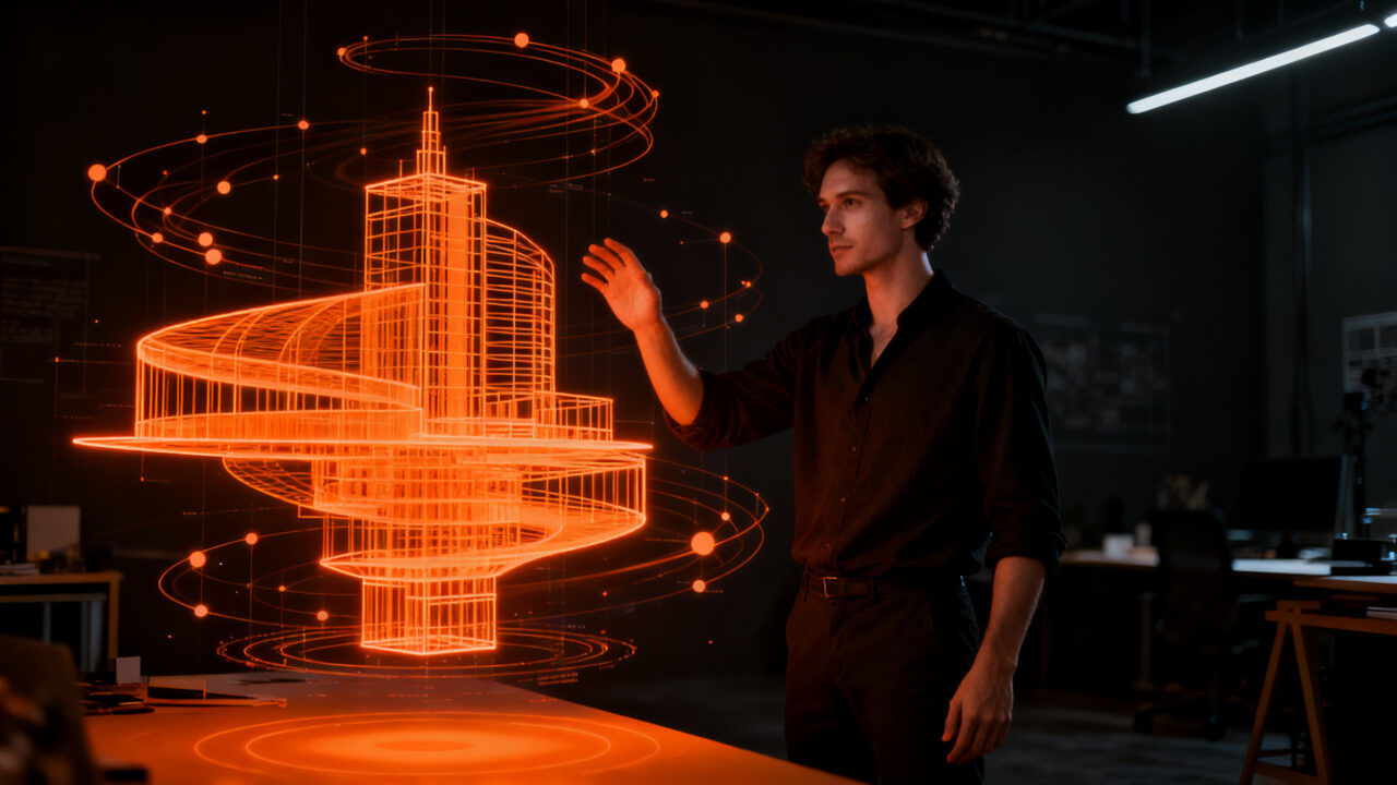 Diseñador utilizando inteligencia artificial para generar modelos 3D complejos a partir de prompts, revolucionando el diseño industrial y la arquitectura.