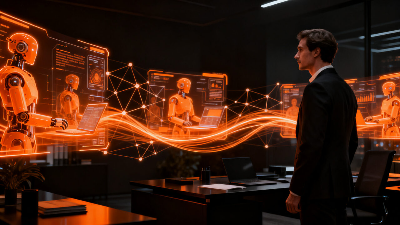 CEO liderando un equipo de agentes de inteligencia artificial, representando el futuro de las empresas de una sola persona.