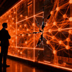 CEO de tecnología observando una red neuronal compleja en un entorno oscuro, representando el debate sobre la regulación y seguridad de la Inteligencia Artificial.