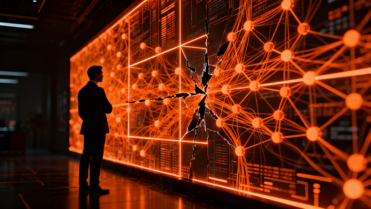 CEO de tecnología observando una red neuronal compleja en un entorno oscuro, representando el debate sobre la regulación y seguridad de la Inteligencia Artificial.