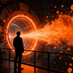 Científico observando colisiones de partículas de alta energía en el LHC, representando el fenómeno de jet quenching y física de partículas.