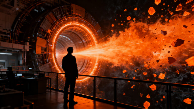 Científico observando colisiones de partículas de alta energía en el LHC, representando el fenómeno de jet quenching y física de partículas.