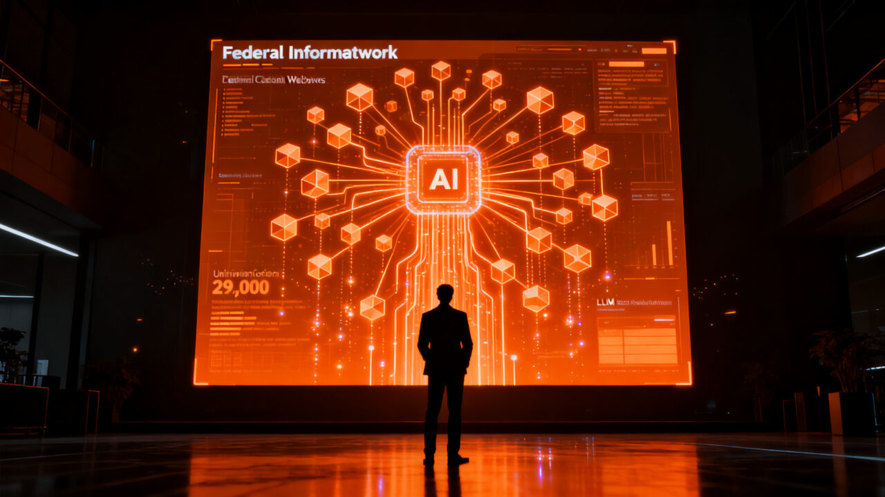 Representación visual de la integración de IA gubernamental con un chatbot avanzado, simbolizando la unificación de datos y la política pública tecnológica.